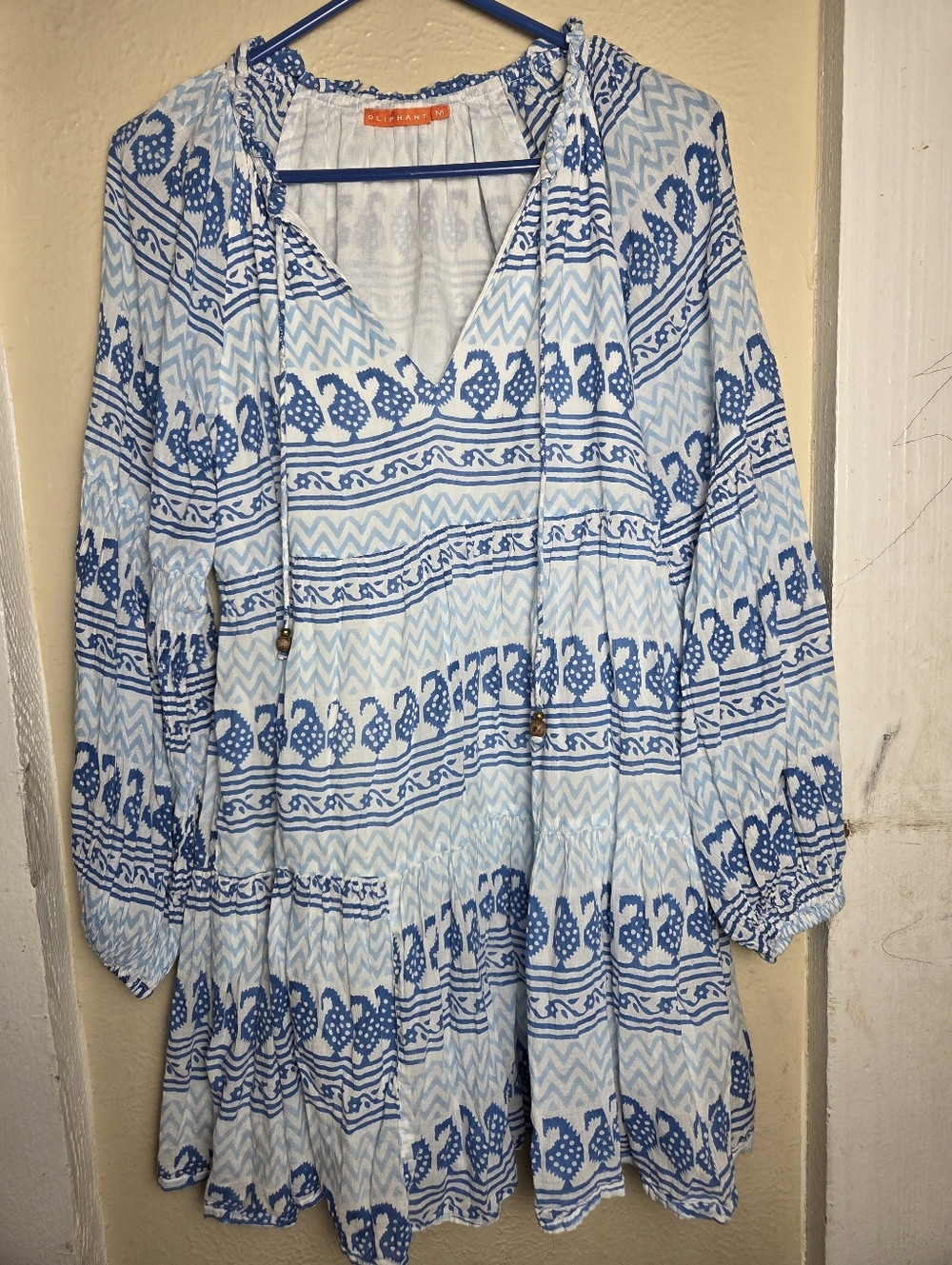 Oliphant Dress Boho Blue White Mini Medium Peasant Womens Balloon Sleeves